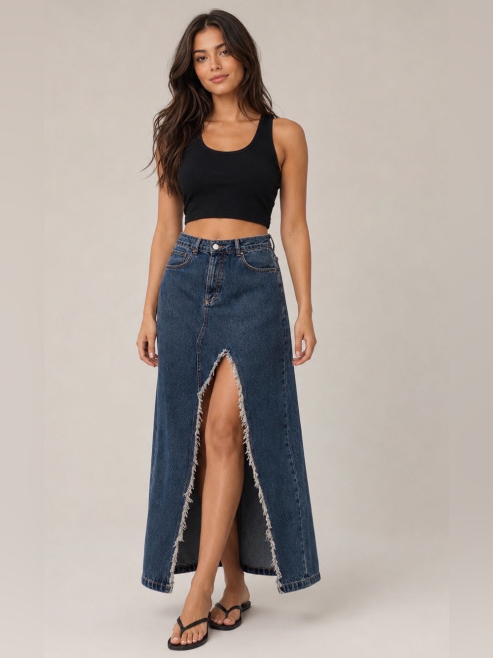 Distressed Vintage Denim Maxi Skirt High Slit Raw Edge  Festival Boho Large